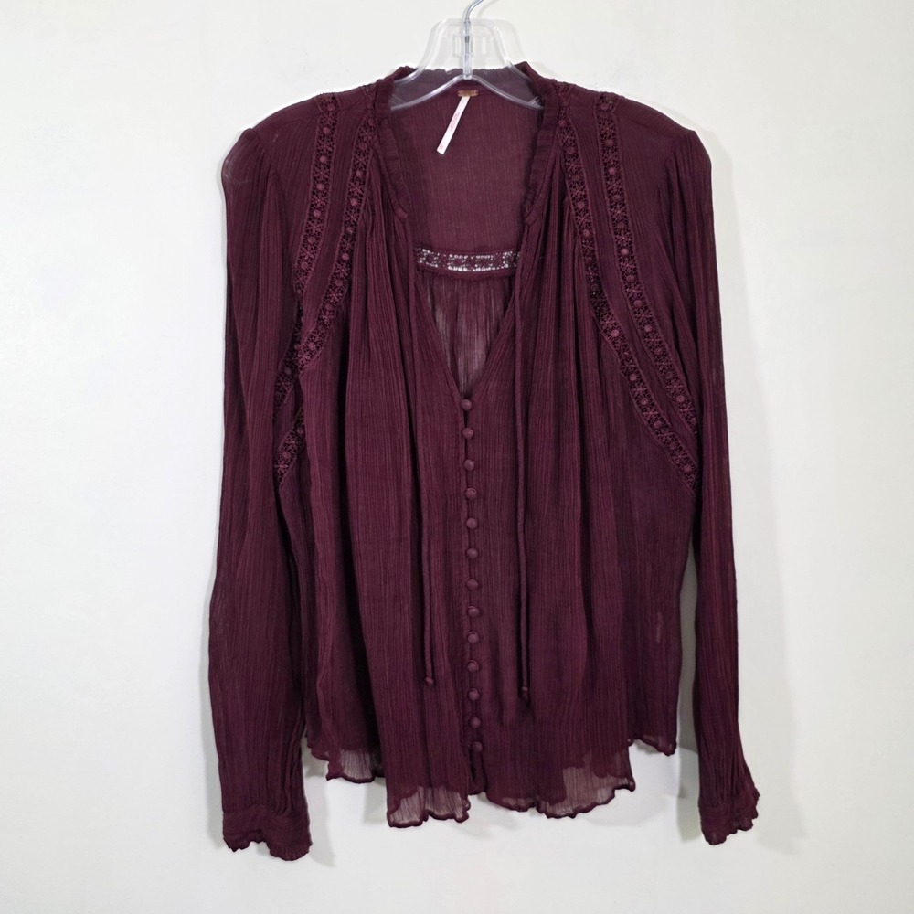 Free People Women Blouse Crochet Lace Button Front Boho Peasant Plum Purple Med